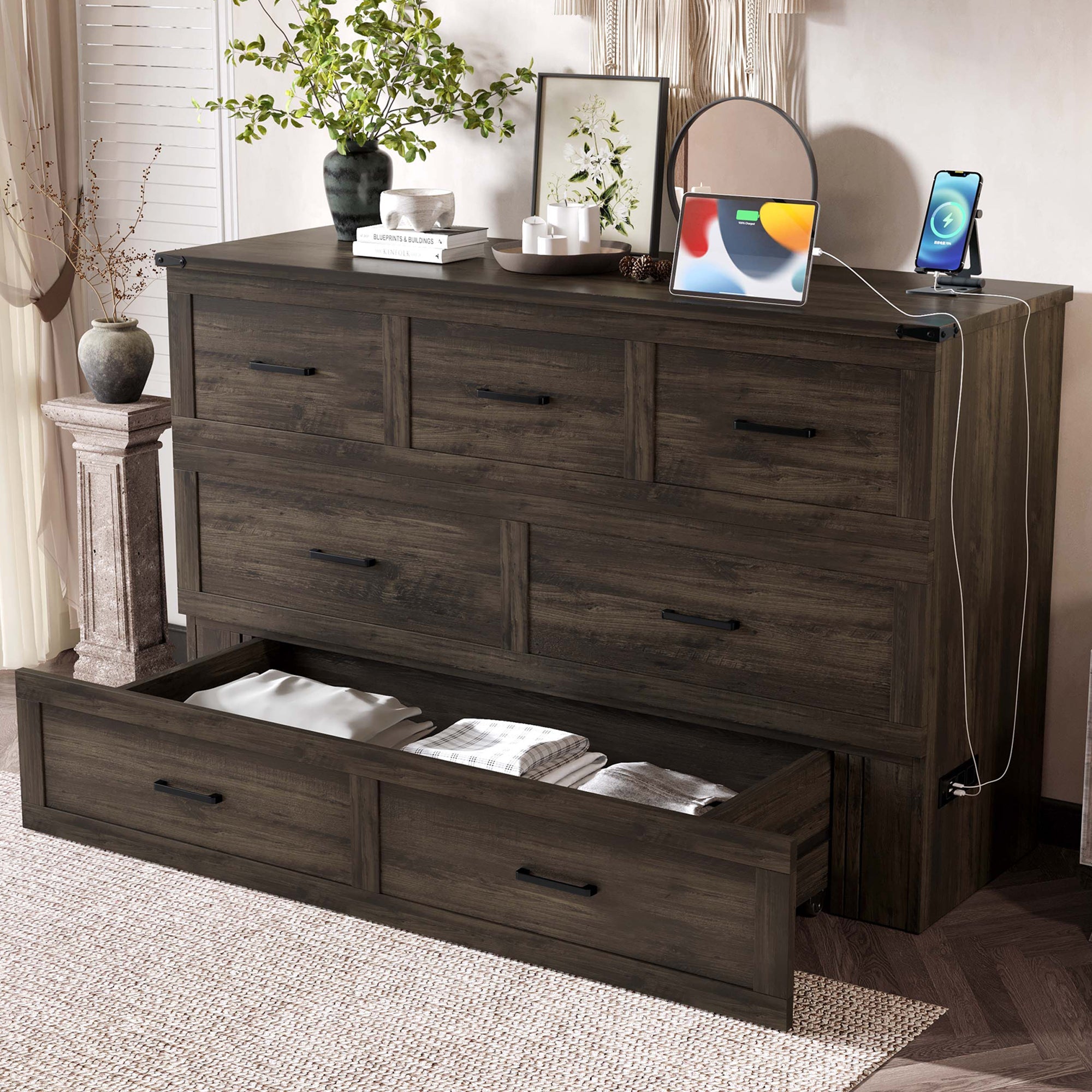 Murphy Bed Cabinet Queen Size with Charging Station, Multi-Functional Foldable Platform Bed with 1 Large Storage Drawer for Guest Room, Small Bedroom, Rustic Gray