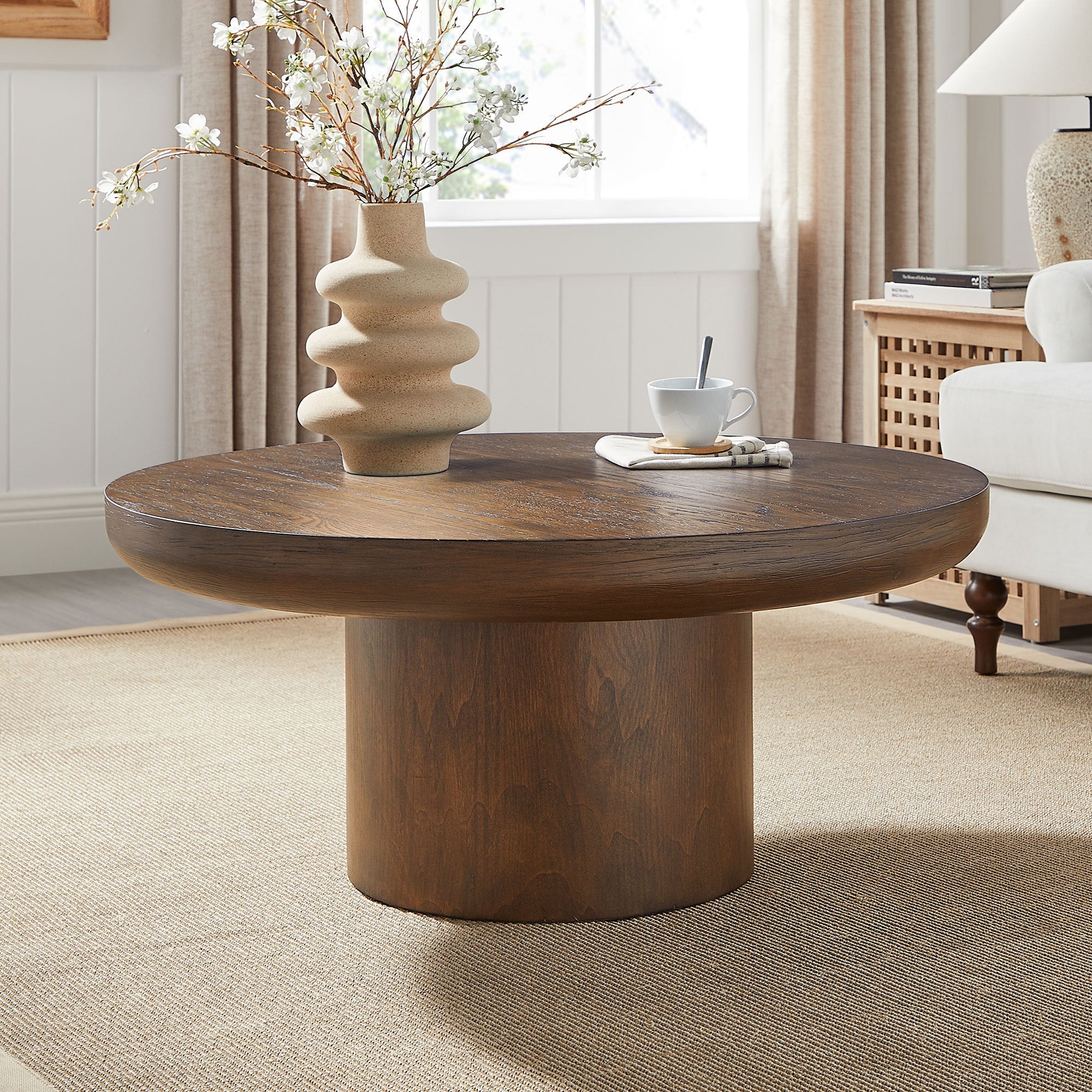 35.98inch Round Coffee Table with Cylindrical Leg,Wood Veneer Tabletop Table,Rounded Sofa Side Table for living Room Office,Brown