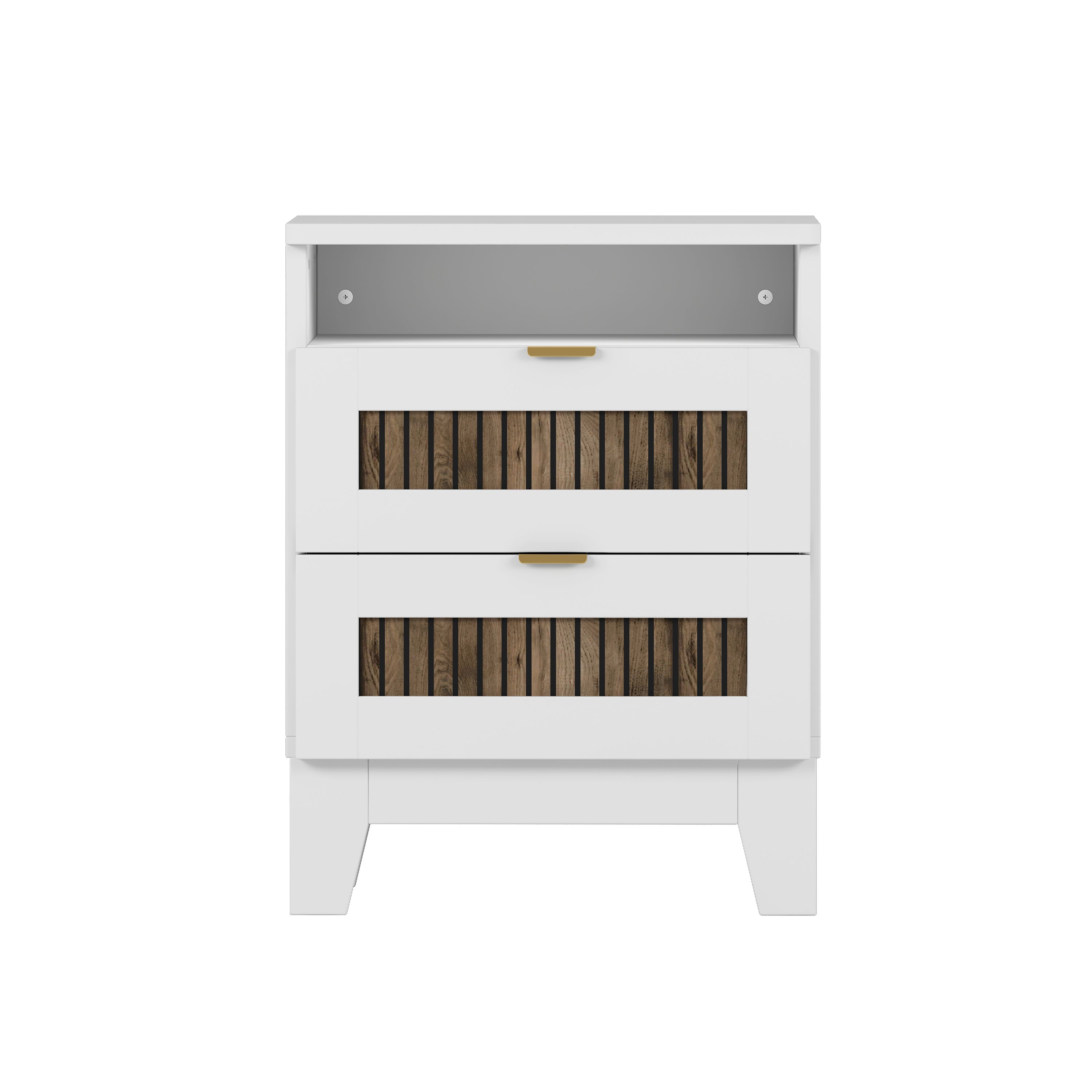 4-Pieces Bedroom Sets, Queen Size Farmhouse Platform Bed with Wooden Strip Stickers Decoration, Storage Nightstand and Dresser with Metal Handle, White(Old SKU: HL000191AAK)