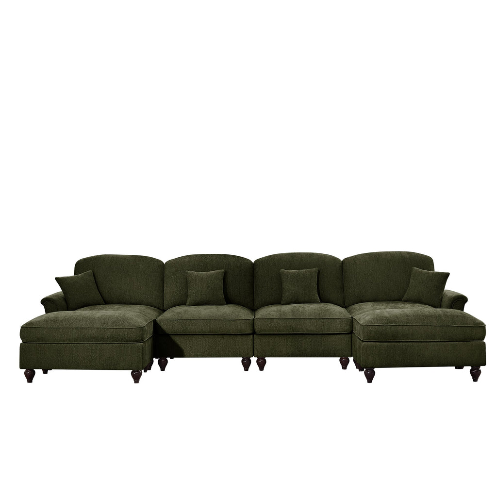 Classic U Shape 4 Seater Modular Sectional Sofa Couch with Flared Arms and Removable Ruffles Pleats Skirts and Spindle Legs, Chenille Deep Seat Cloud Sofa with Movable Ottomans, Green