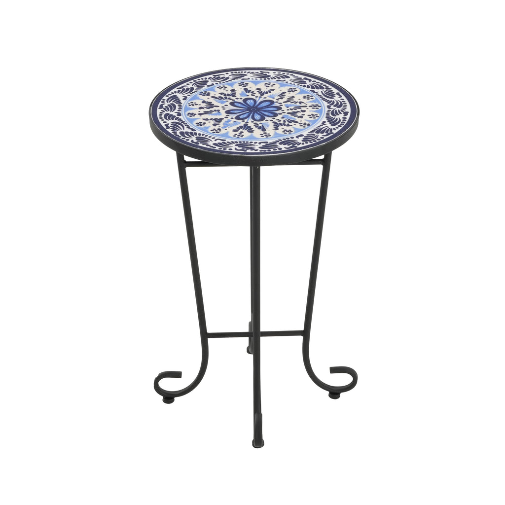 French Country Patio Side Table with Vibrant Tile Top, Blue and Black, Ceramic Tile and Iron, 14x14x23.25 Inches