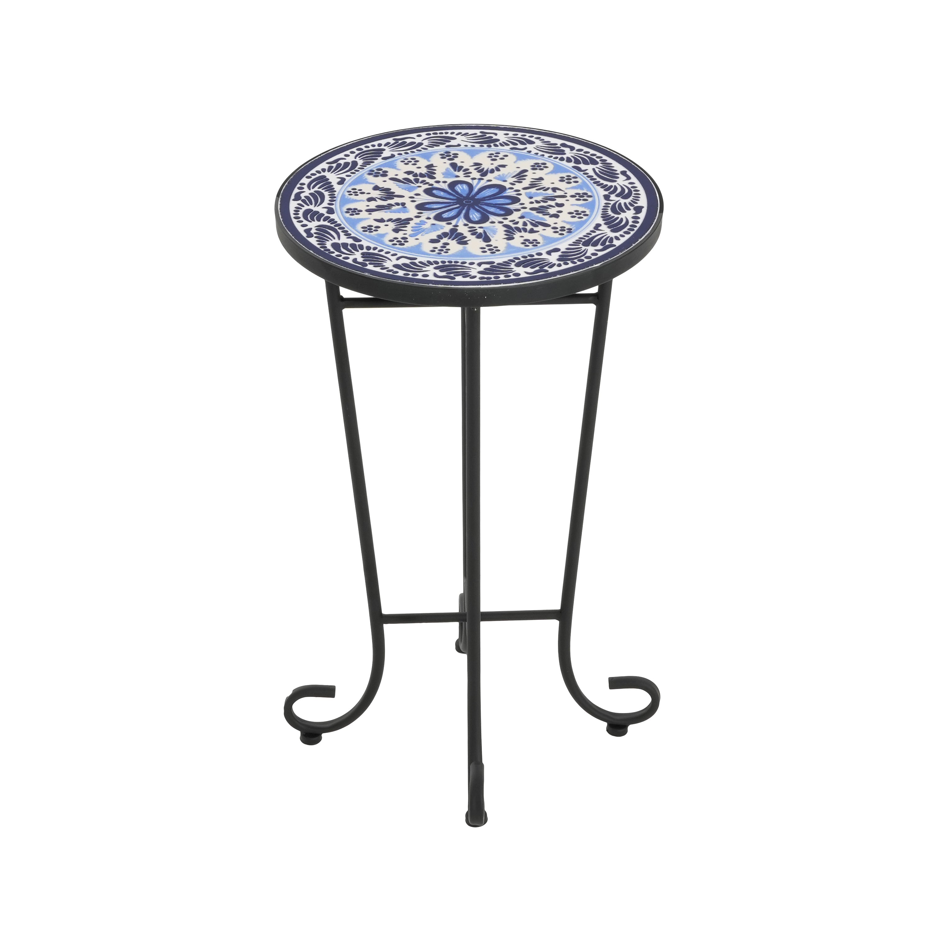 French Country Patio Side Table with Vibrant Tile Top, Blue and Black, Ceramic Tile and Iron, 14x14x23.25 Inches