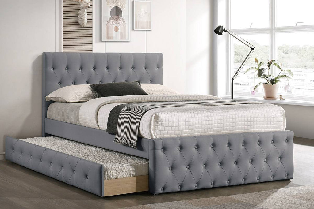 Contemporary Twin Size Bed w/ Trundle Slats Light Grey Burlap Upholstered Button Tufted Headboard Footboard Youth Bedroom Furniture wooden Slats 1pc Bed