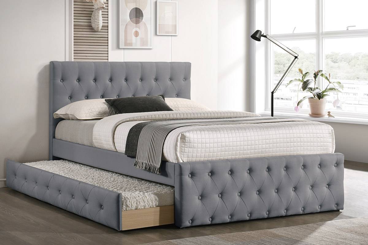 Contemporary Twin Size Bed w/ Trundle Slats Light Grey Burlap Upholstered Button Tufted Headboard Footboard Youth Bedroom Furniture wooden Slats 1pc Bed