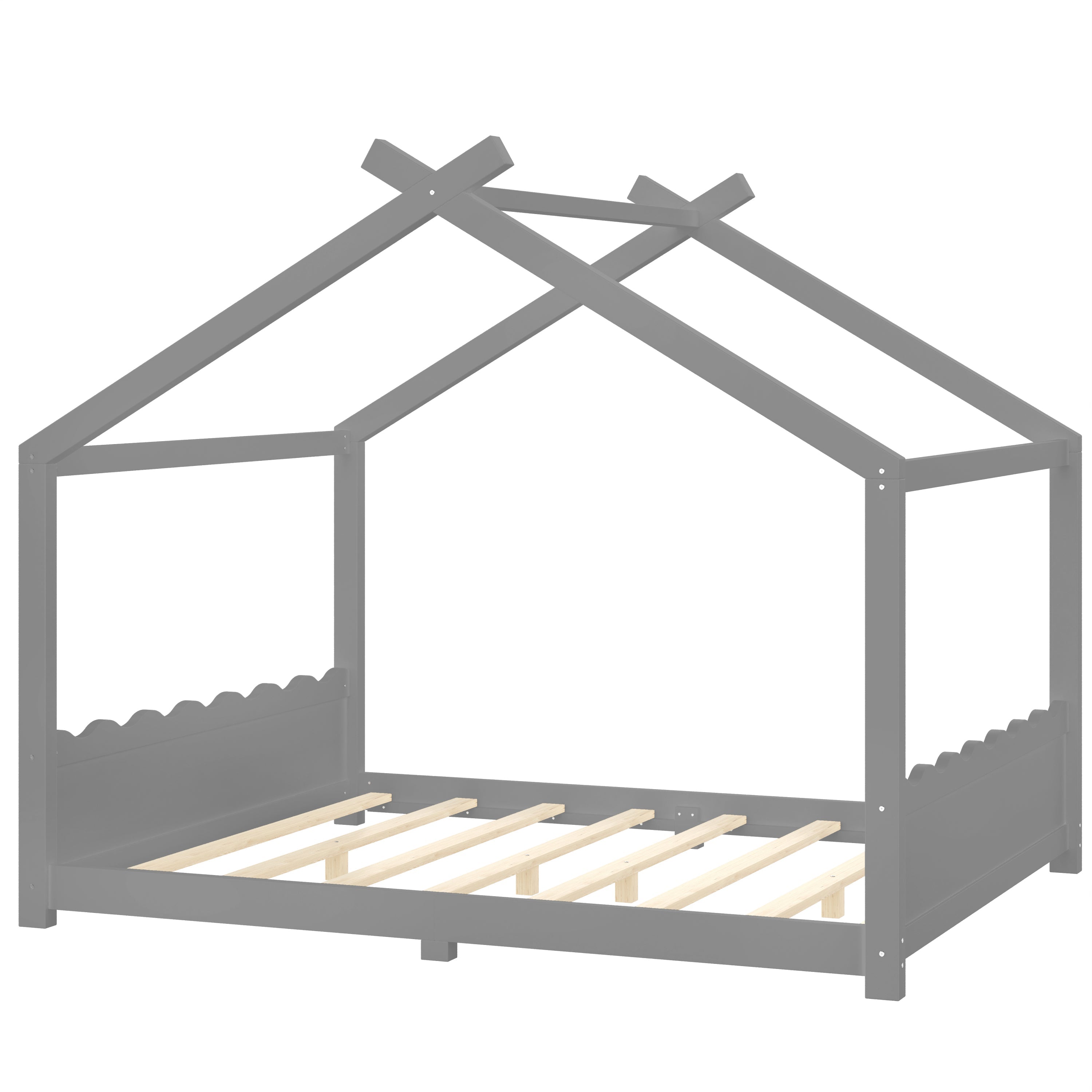 Queen House Floor Bed with Support Slats, Solid Wood House Bed Frame for Kids, No Box Spring Needed and Opening Constructure, Gray