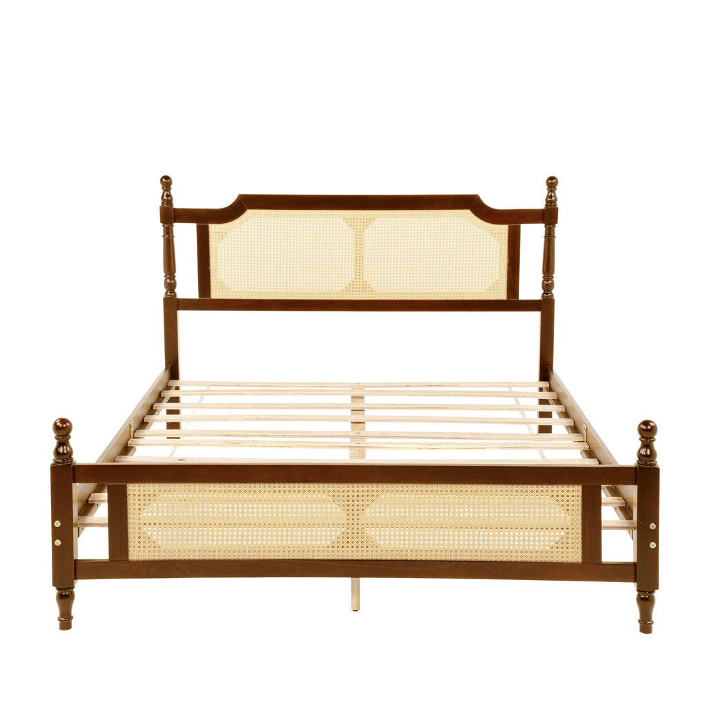 Queen Pine wooden Bed with Rattan Headboard  and Footboard, with  Central Enhanced Bed Platform,Walnut