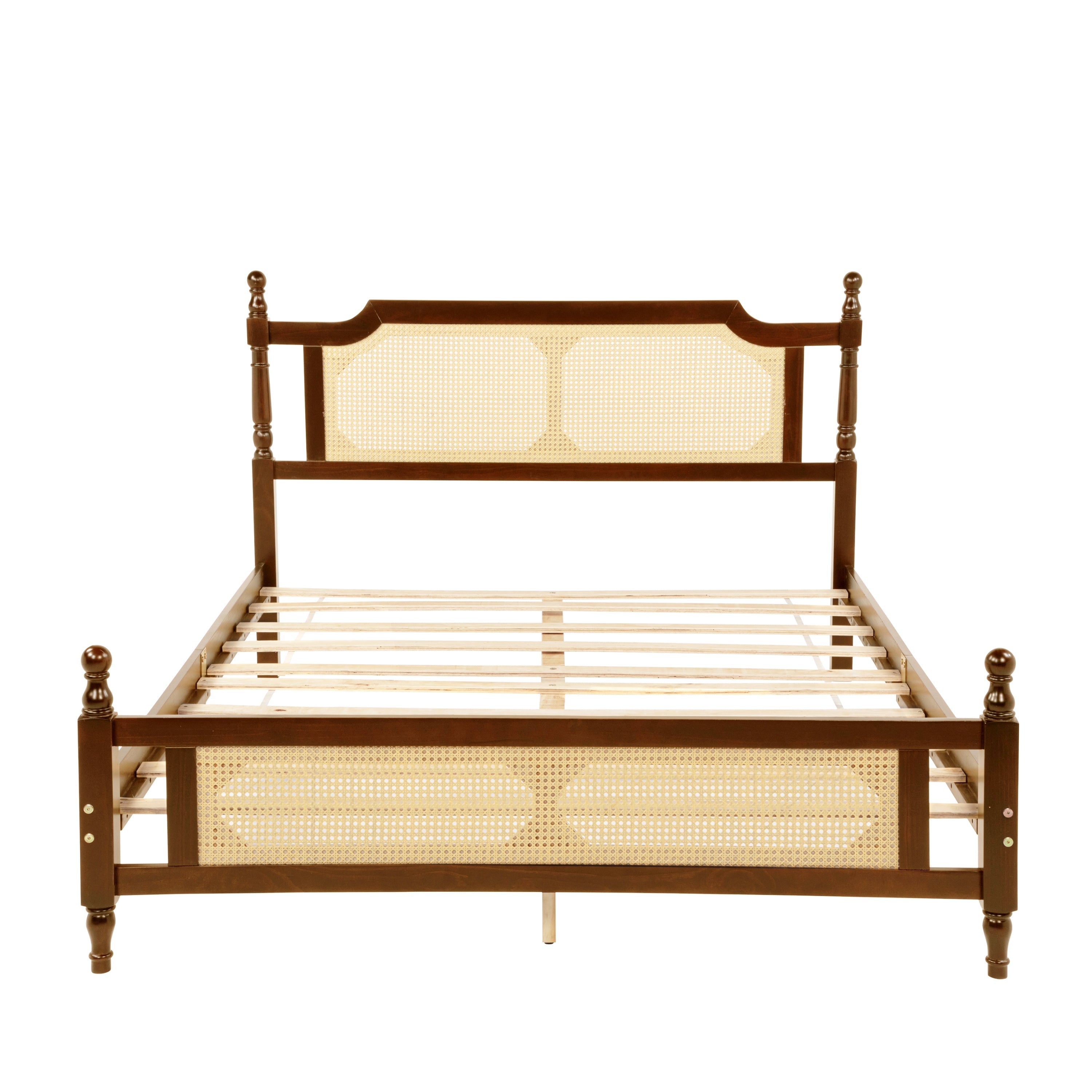Queen Pine wooden Bed with Rattan Headboard  and Footboard, with  Central Enhanced Bed Platform,Walnut