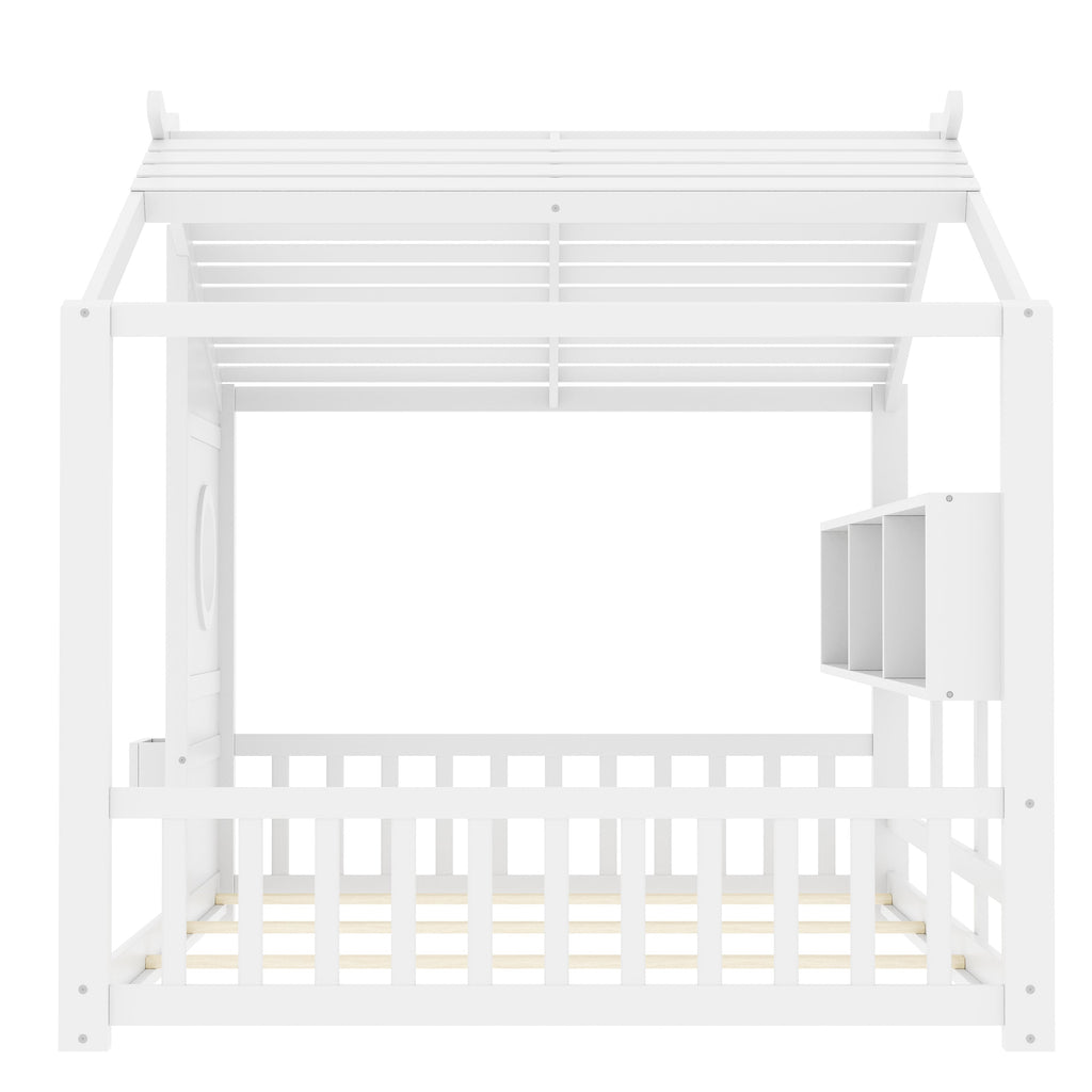 Full Size Floor House Bed for Toddler, Kids Montessori Bed  with Storage Shelf, Playhouse Bed with Roof Design, White
