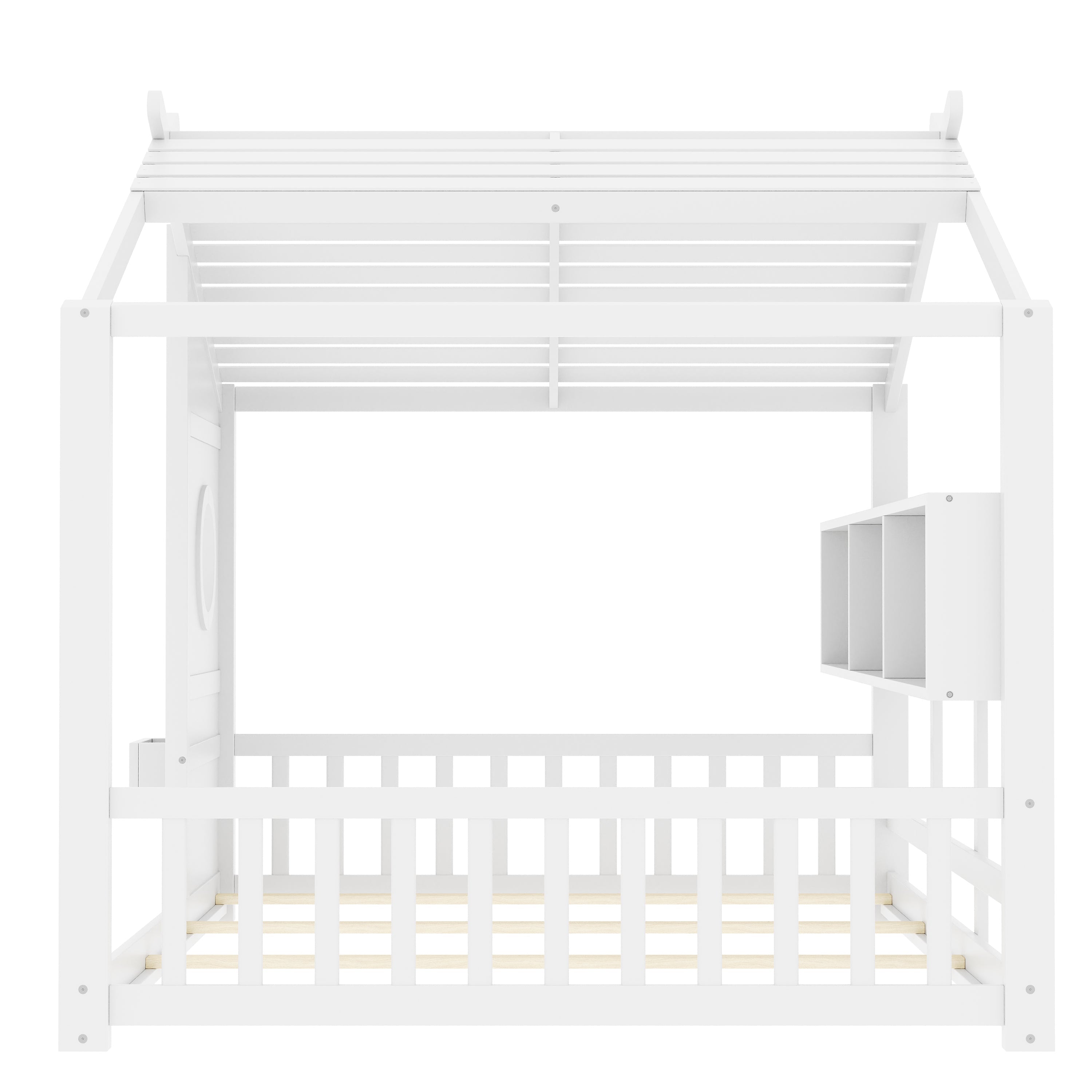 Full Size Floor House Bed for Toddler, Kids Montessori Bed  with Storage Shelf, Playhouse Bed with Roof Design, White
