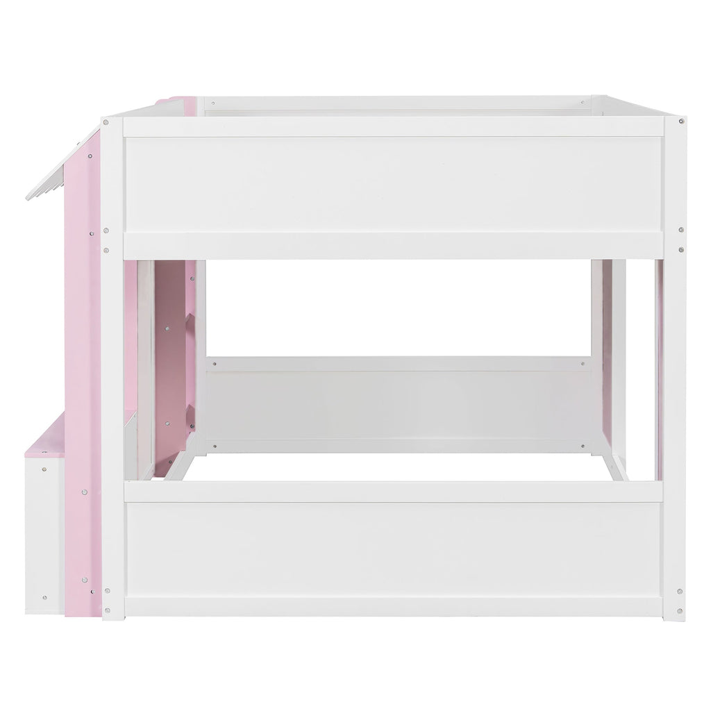 Full Loft House Bed with Playhouse & Storage, Modern Wood Cabin Bed for Kids/Teens, White+Pink