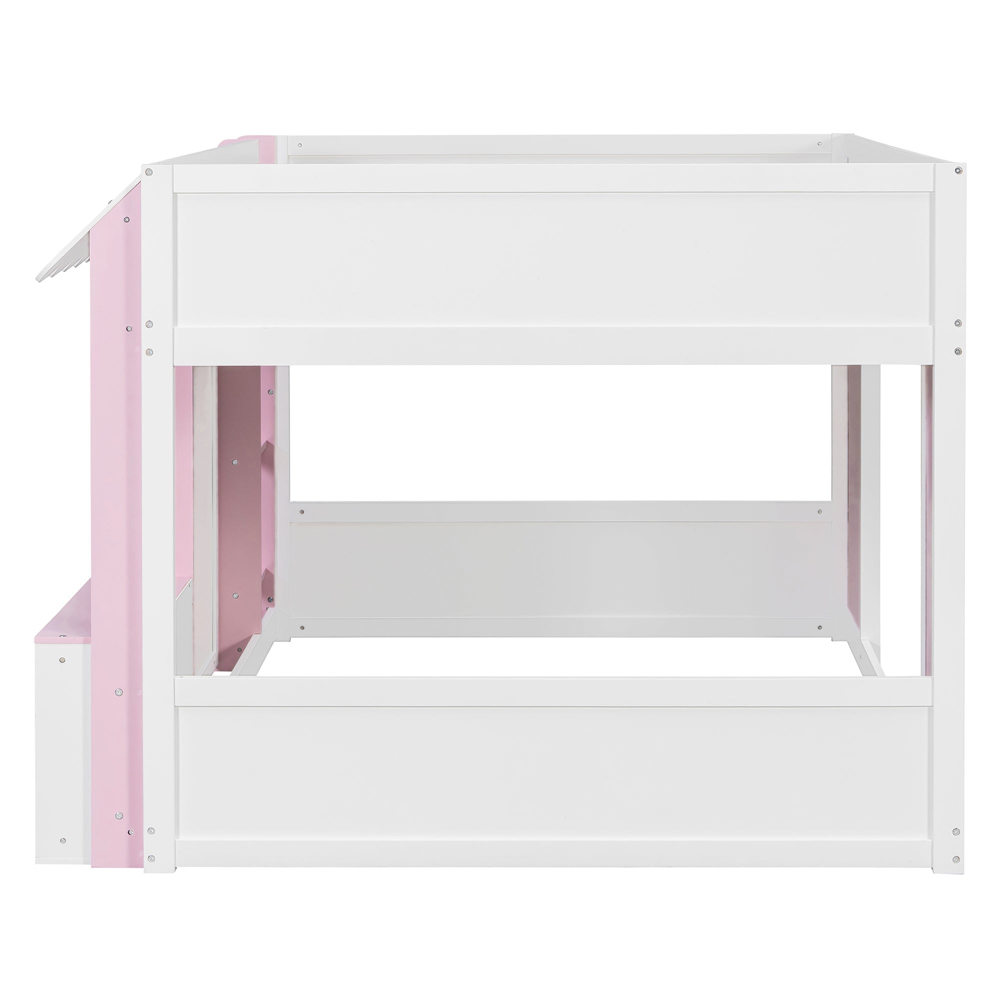 Full Loft House Bed with Playhouse & Storage, Modern Wood Cabin Bed for Kids/Teens, White+Pink