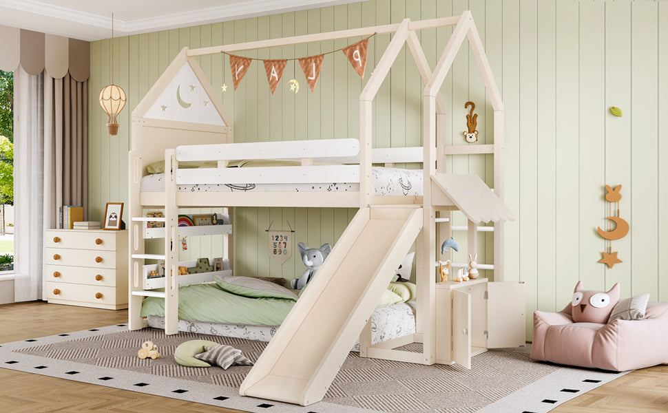 Twin Size Loft Bed with Bookshelf Playful Design for Kids House-Shaped Structure with Slide High-Quality Safety Rails,Beige