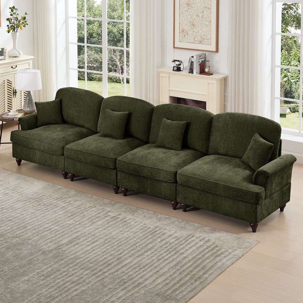 Elegant Mid Century Large 4 Seater Sofa Couch with Flared Arms and Removable Ruffles Pleats Skirts and Spindle Legs, Comfy Chenille Four-Seat Sofa for Living Room, Green