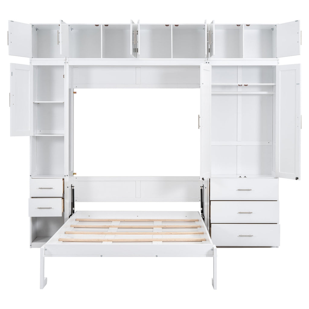White Full Size Murphy Bed with Lockers and Wardrobes, MDF+Pine, 108.4''L x 15.7''W x 99''H