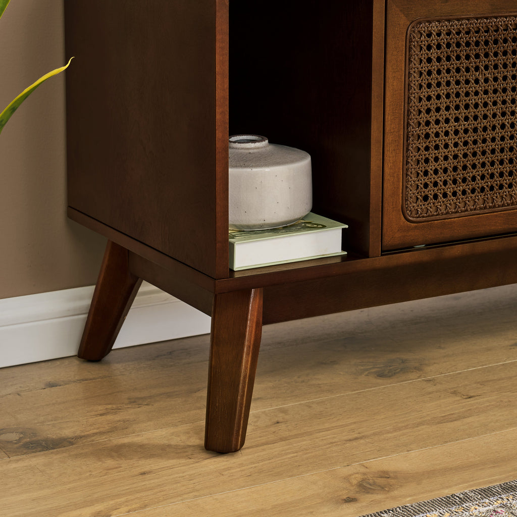 67.9 Inch Mid Century Modern Rattan TV Stand for TVs up to 75', Entertainment Cabinet, Media Console for Living Room Media Room, Solid Wood Feet & Rattan Cabinet Doors - Walnut