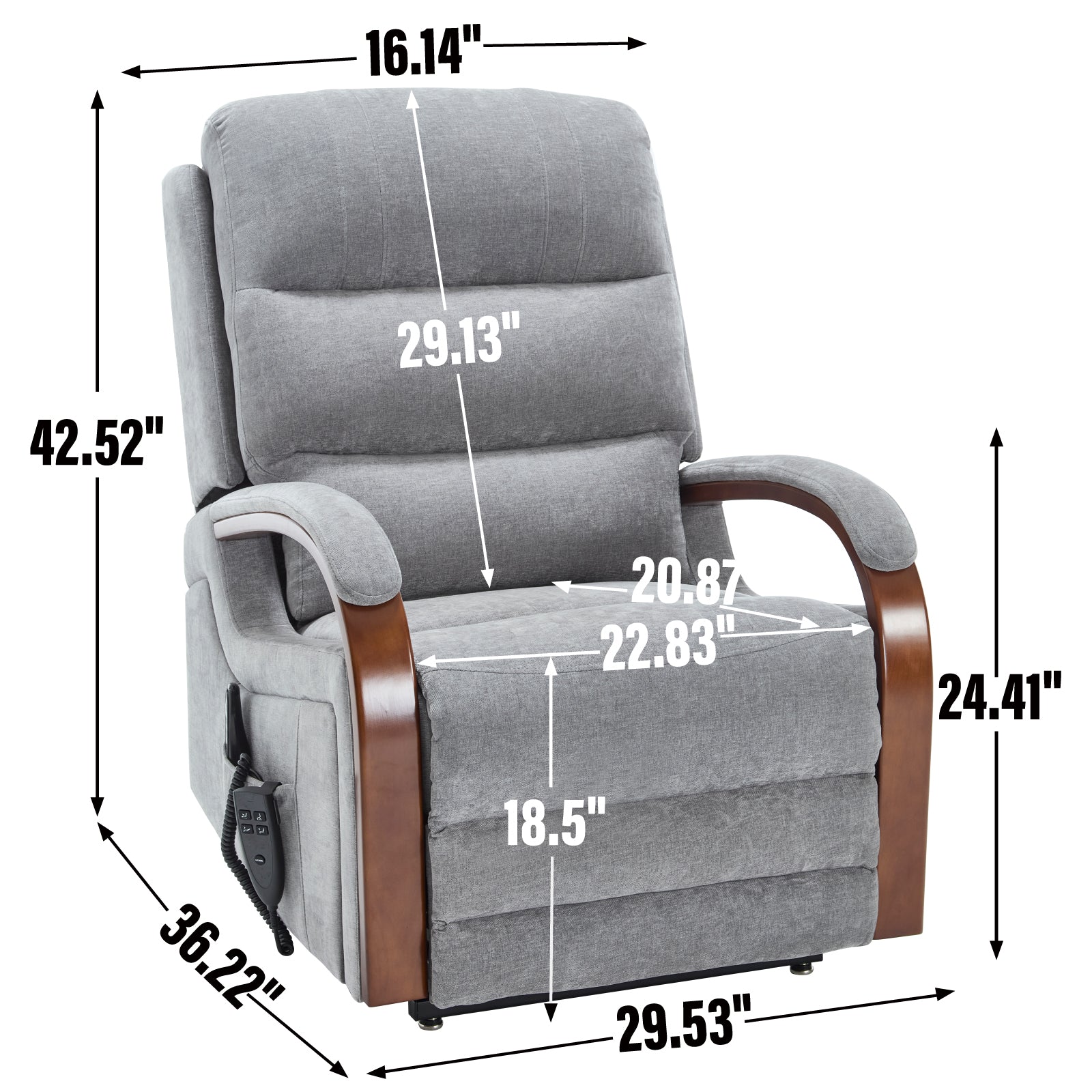 Power Grey Chenille Lift Recliner Chair Dual Motor Infinite Position Up to 350 LBS with Solid Wood Armrests, Heat Massage and Heavy Duty Motion Mechanism
