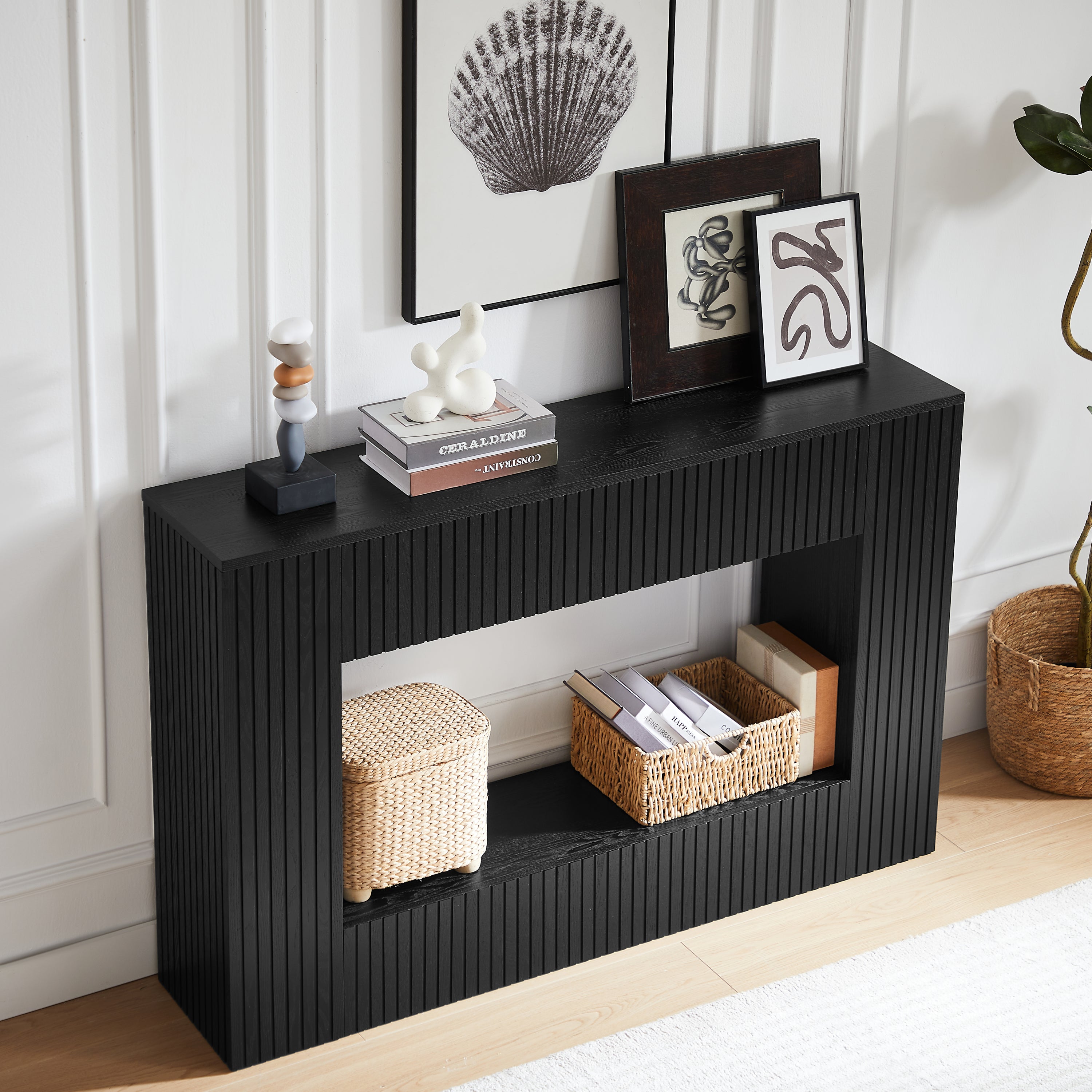 55' Modern Slatted Console Table, Narrow Entryway Table for Living Room or Hallway