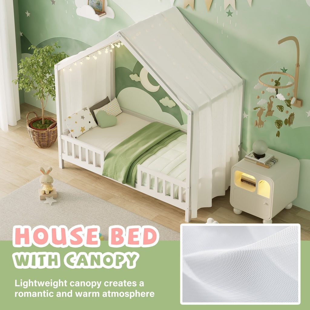 Montessori Floor Bed with Canopy, Twin Bed Frame for Kids, House Shape Kids Bed Frame with High Railings, Wood Kids Bed with Roof, Kid Twin Bed, White