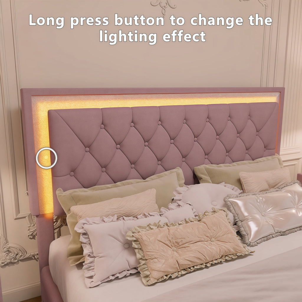 3-Pieces Bedroom Sets,Queen Size Upholstered Platform Bed with LED Lights and Two Nightstands-Pink