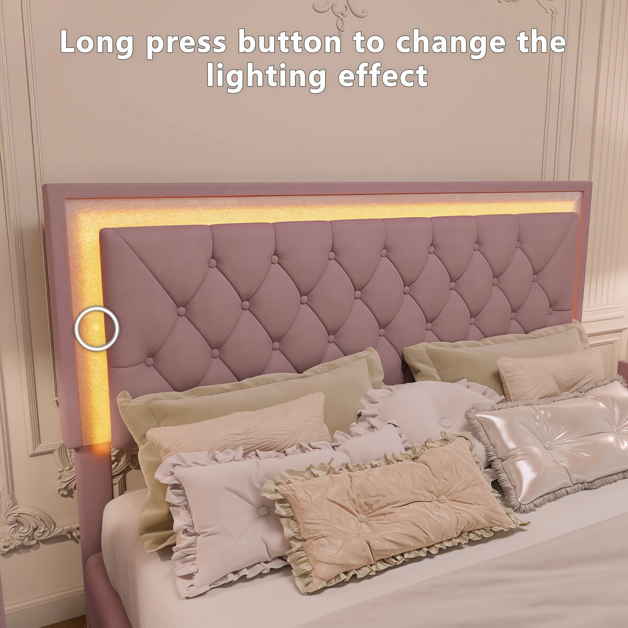 3-Pieces Bedroom Sets,Queen Size Upholstered Platform Bed with LED Lights and Two Nightstands-Pink