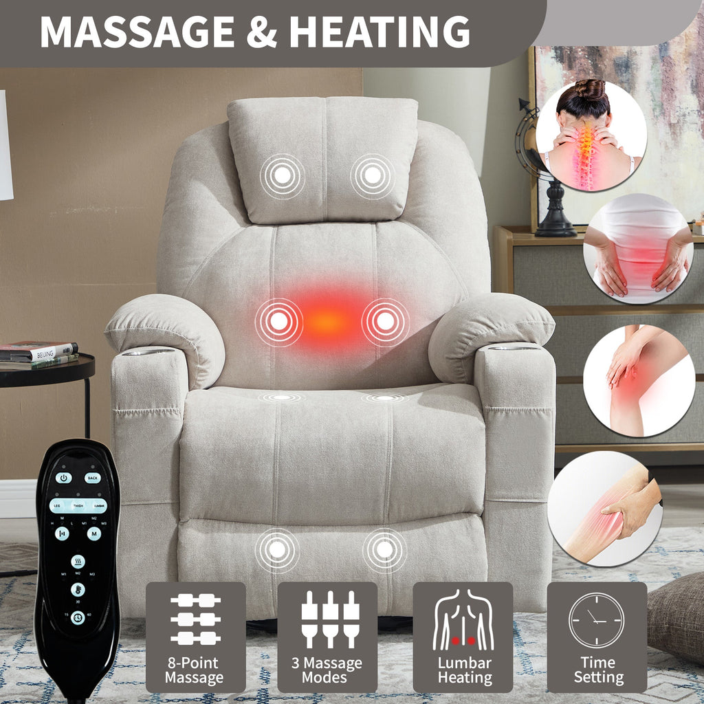 Up to 350 LBS polyester Power Lift Recliner Chair, Heavy Duty Motion Mechanism with 8-Point Vibration Massage and Lumbar Heating, USB and Type-C Ports, Stainless Steel Cup Holders, Beige