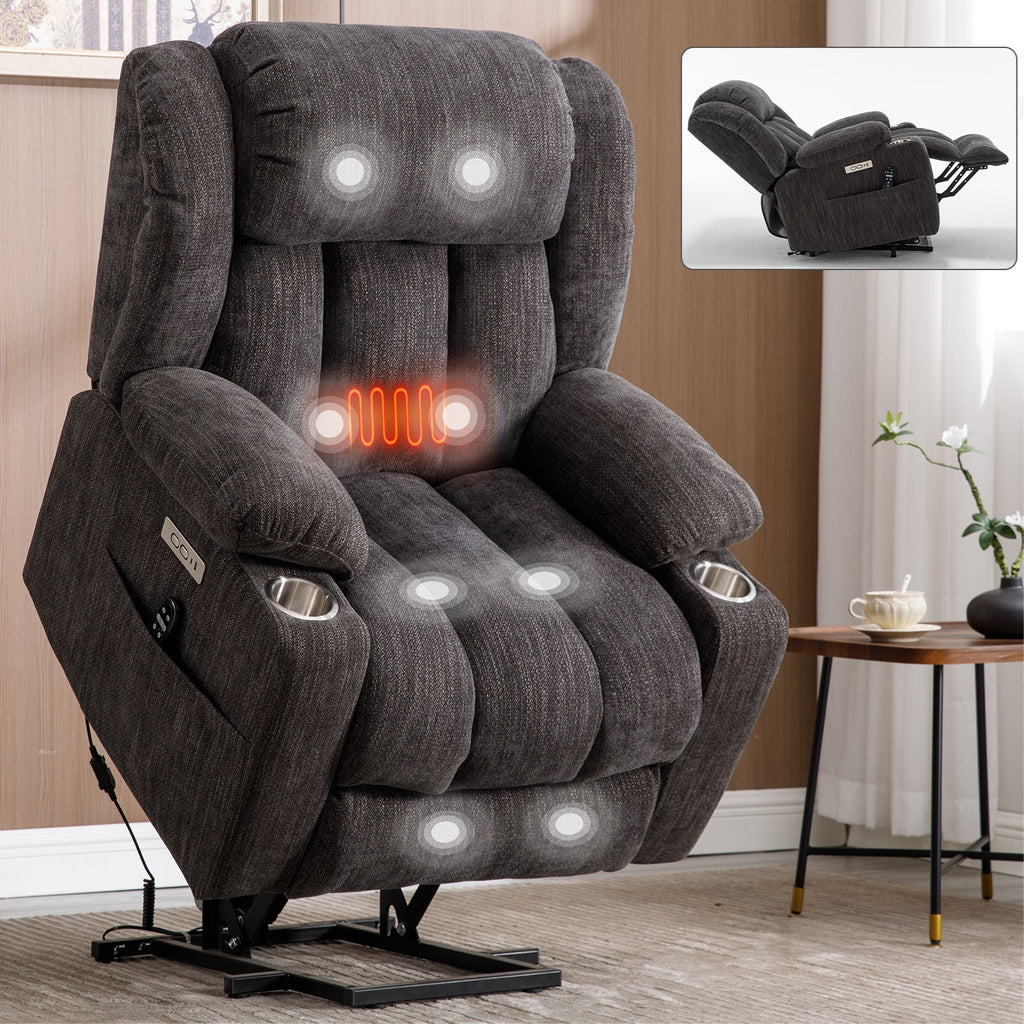 Up to 350 LBS Chenille Power Lift Recliner Chair, Heavy Duty Motion Mechanism with 8-Point Vibration Massage and Lumbar Heating, USB and Type-C Ports, Stainless Steel Cup Holders, Grey