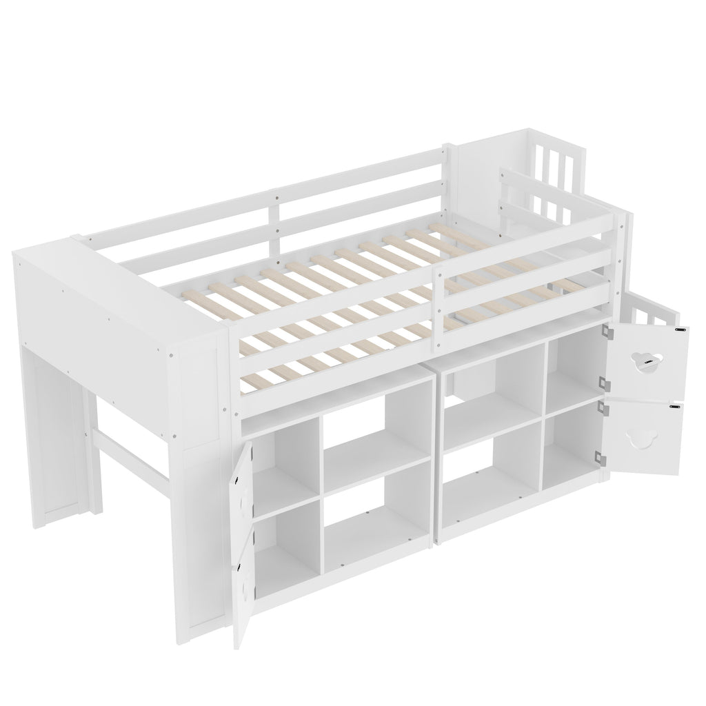 Kids Twin Loft Bed with Storage Cabinets, Staircase Drawers & LED Lights – Solid Wood Low Loft Bed with Shelves, Guardrails, and Fun Bear Handles – Space-Saving Design for Boys & Girls Bedroom (White)