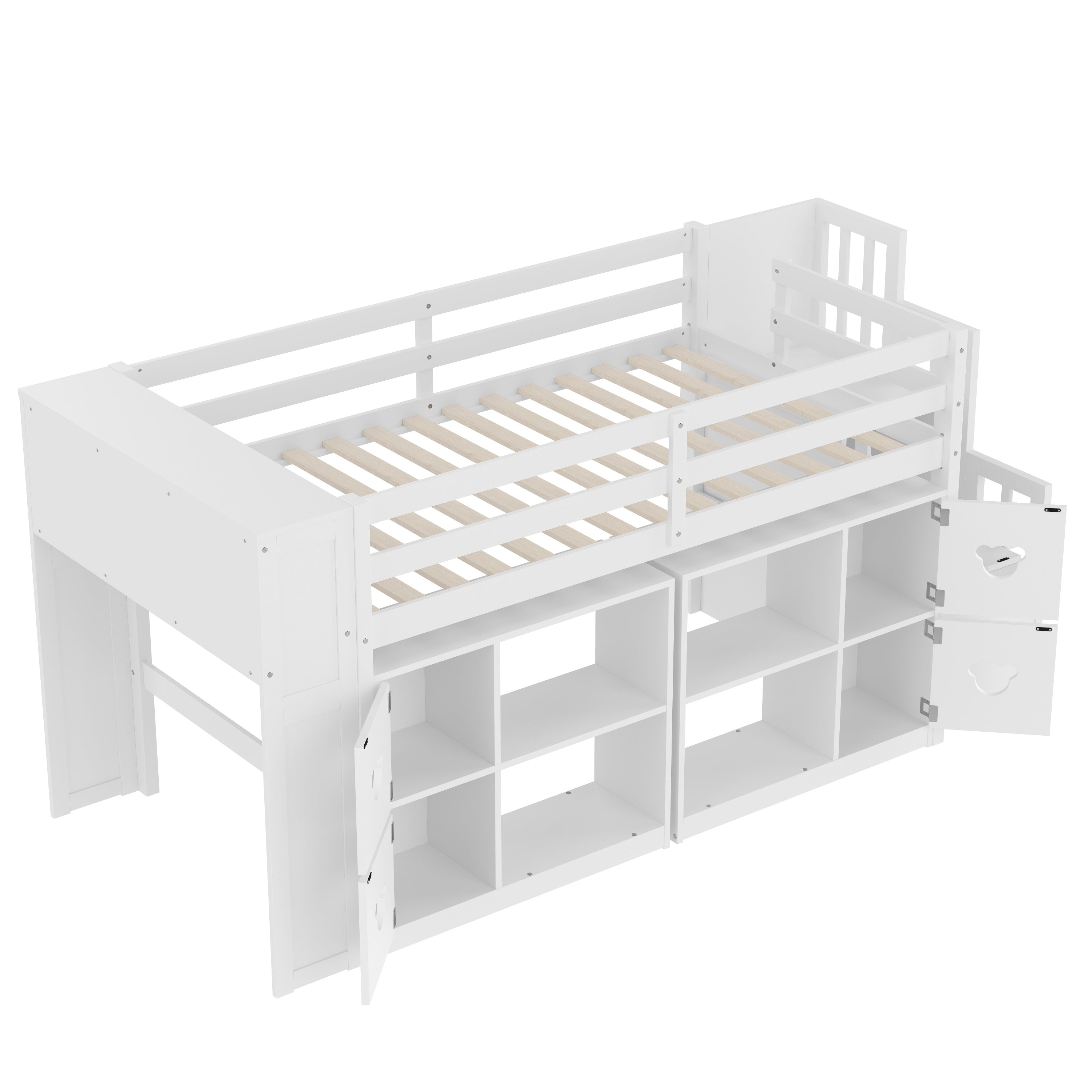 Kids Twin Loft Bed with Storage Cabinets, Staircase Drawers & LED Lights – Solid Wood Low Loft Bed with Shelves, Guardrails, and Fun Bear Handles – Space-Saving Design for Boys & Girls Bedroom (White)
