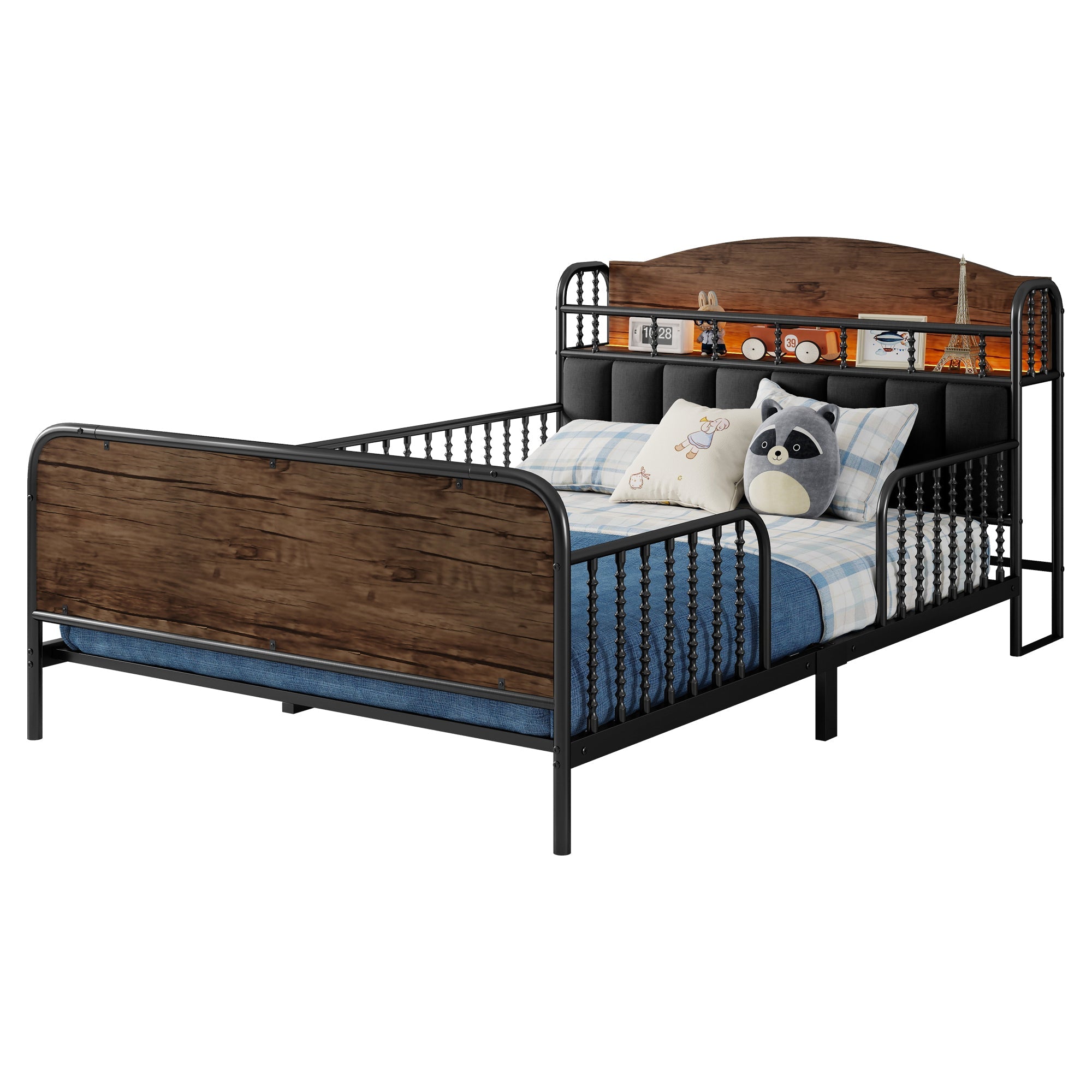 Full Size Metal Platform Bed Frame with Light, Kids Full Metal Bed with Upholstered and Storage Headboard, Black (Expect Arrival Date 2025/10/5)