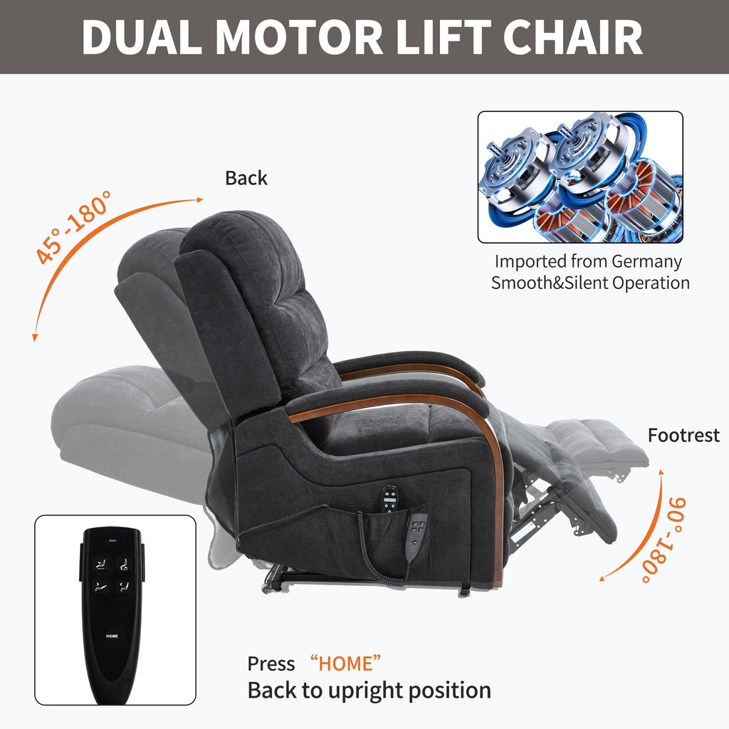 Power Black Chenille Lift Recliner Chair Dual Motor Infinite Position Up to 350 LBS with Solid Wood Armrests, Heat Massage and Heavy Duty Motion Mechanism