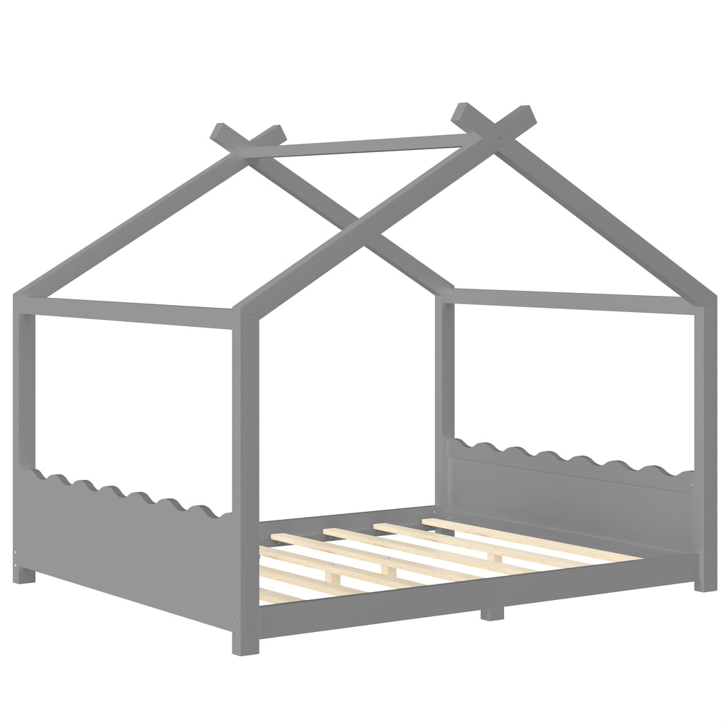 Queen House Floor Bed with Support Slats, Solid Wood House Bed Frame for Kids, No Box Spring Needed and Opening Constructure, Gray