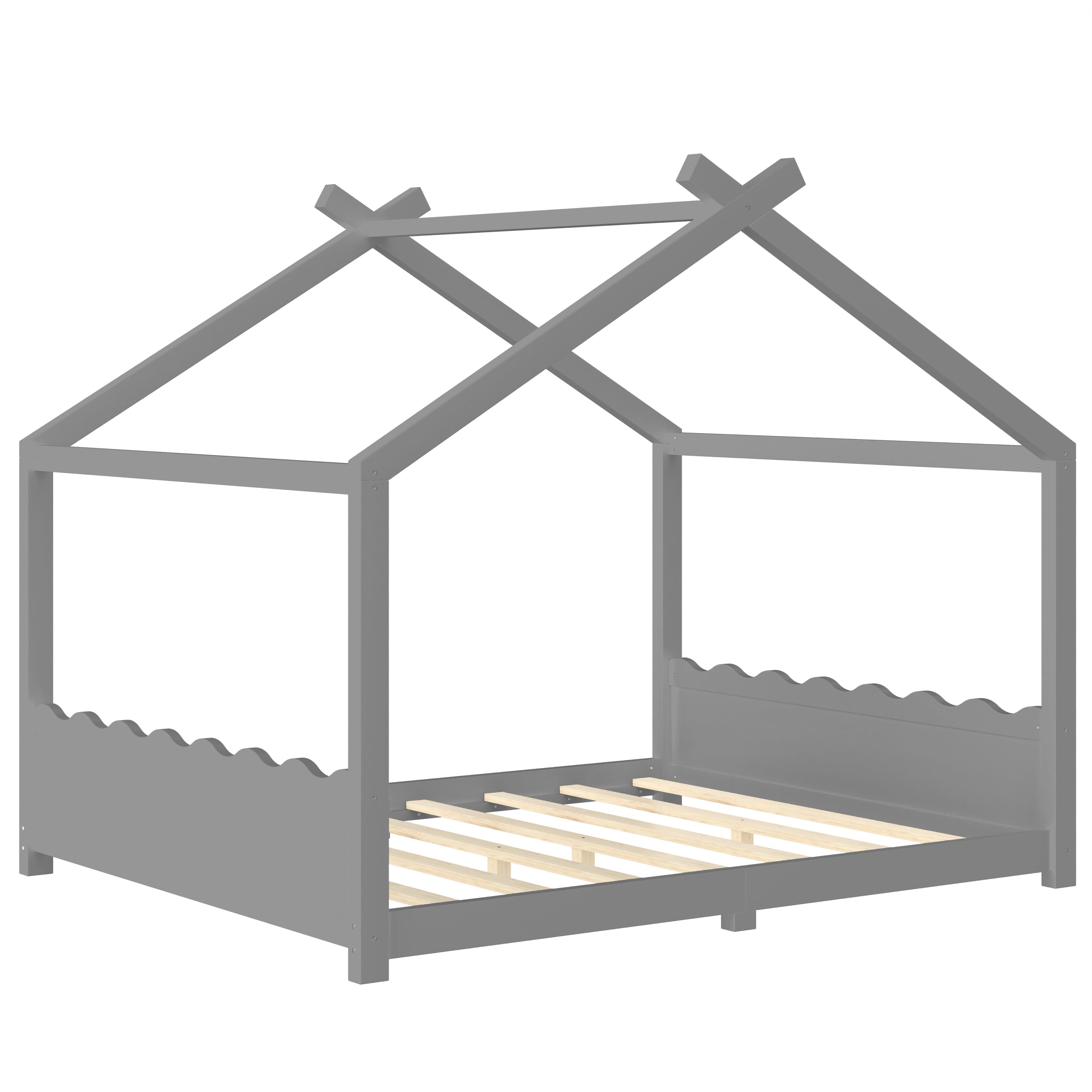 Queen House Floor Bed with Support Slats, Solid Wood House Bed Frame for Kids, No Box Spring Needed and Opening Constructure, Gray