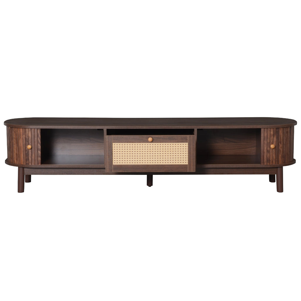 Modern Design TV Stand for 75' TVs, Media Console TV Cabinet with Rattan-Front Drawer for Living Room, 1 Drawer and 2 Sliding-Door Cabinets