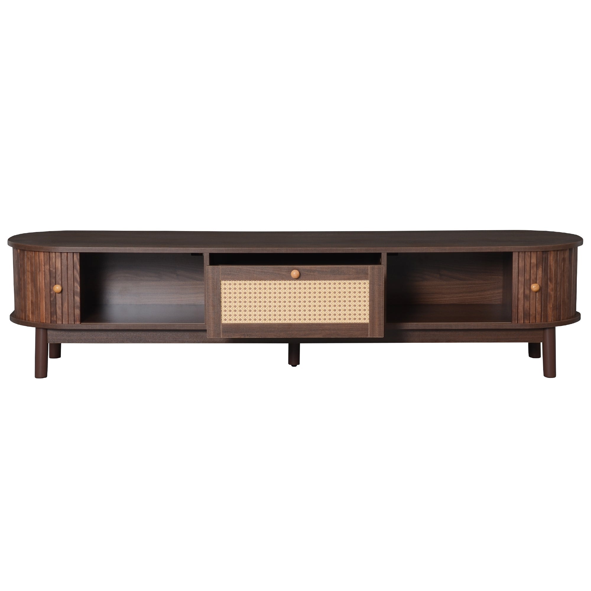 Modern Design TV Stand for 75' TVs, Media Console TV Cabinet with Rattan-Front Drawer for Living Room, 1 Drawer and 2 Sliding-Door Cabinets