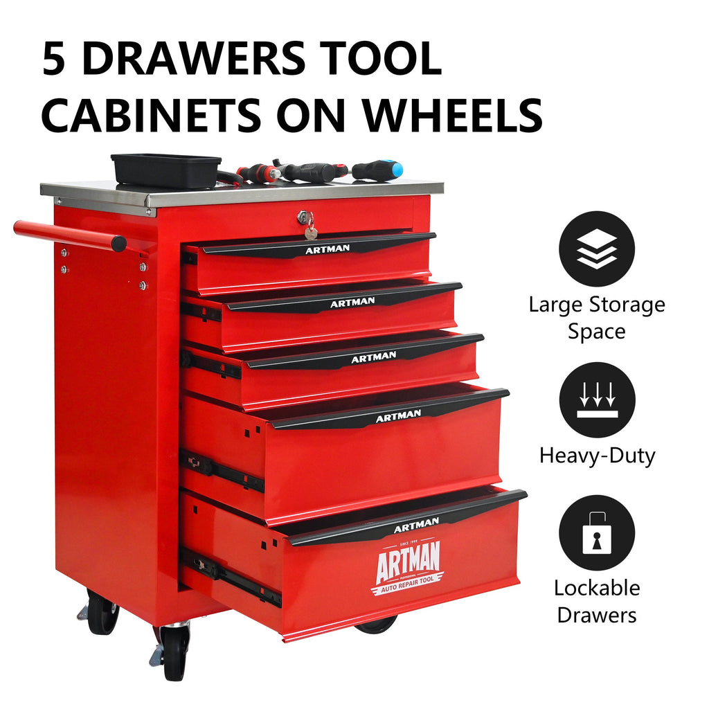 5 Drawers Multifunctional Tool Cart with Wheels,Metal Rolling Tool Cart Storage for Garage Workshop Warehouse Repair Shop--With Stainless Steel Roof--Red&Black