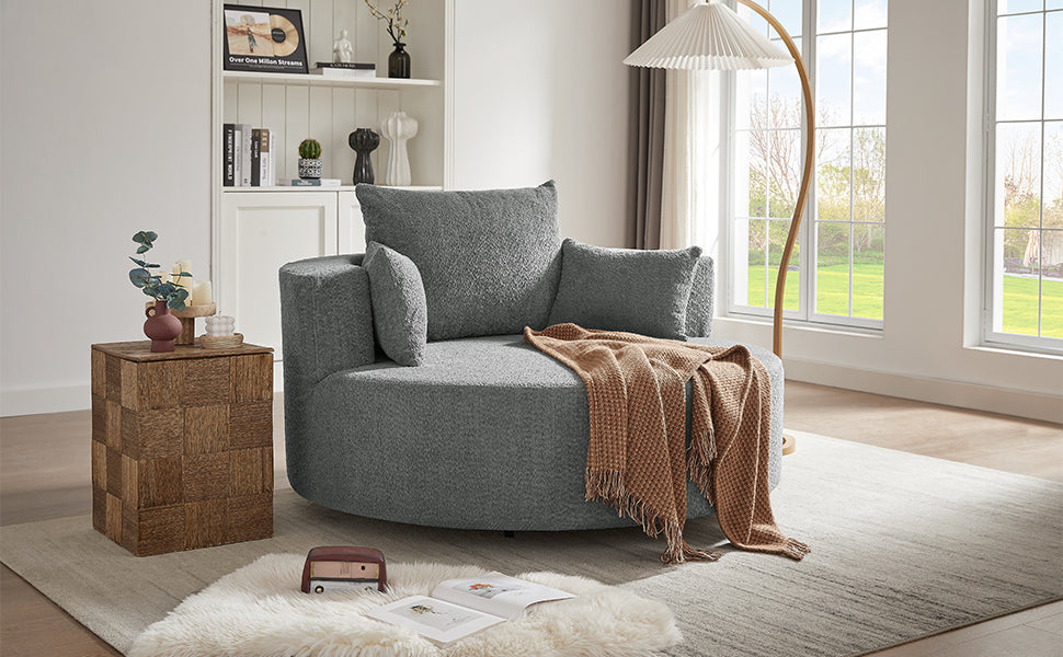 Modern Accent Swivel Barrel Chair with Removable Pillows, Grey Chenille, 56.3x56.3x35.5 in