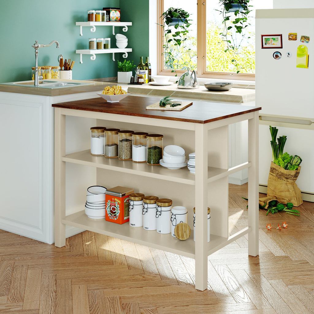 TOPMAX Rustic 3-piece Stationary Kitchen Island Set with Butcher Block and Seating, Walnut and Cream White