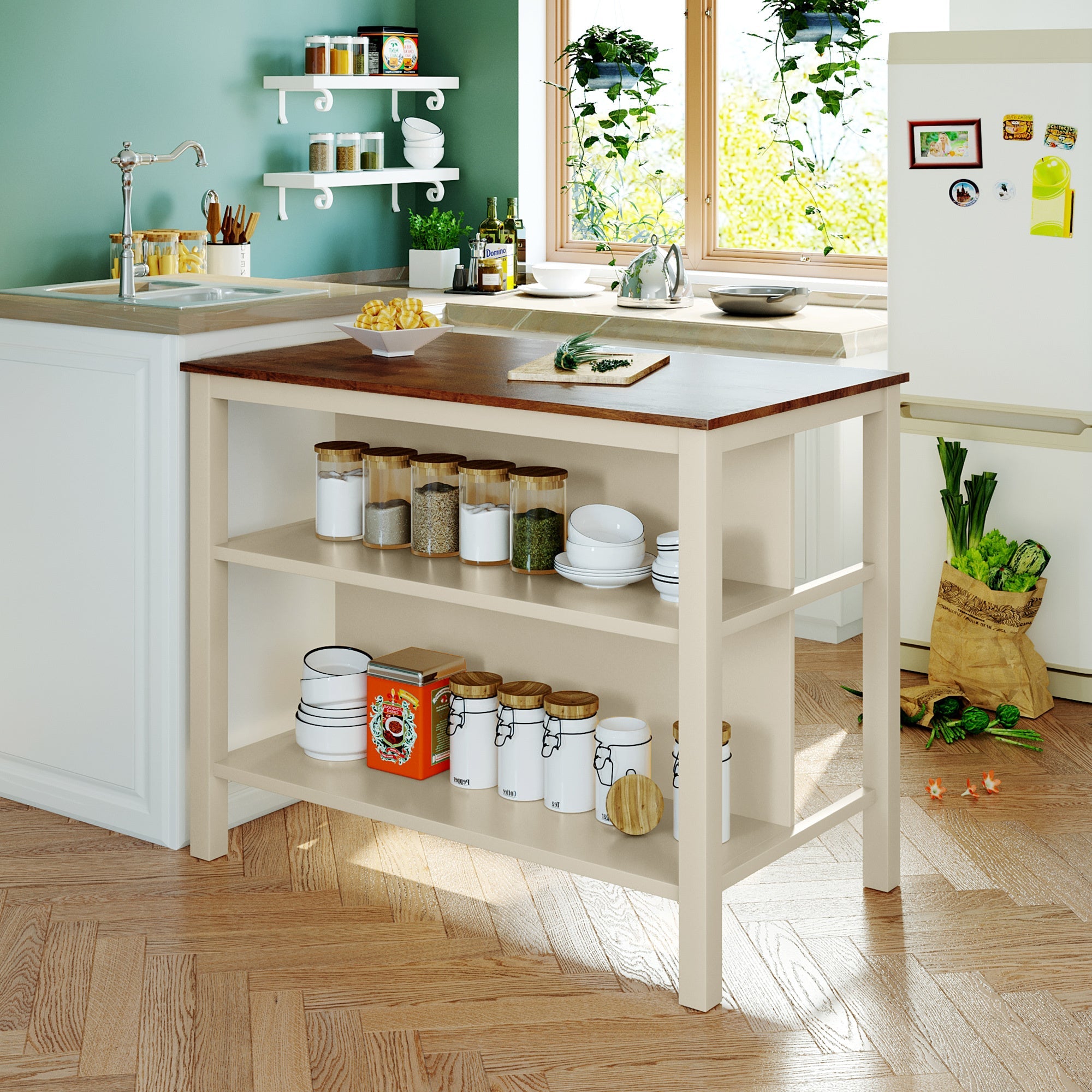 TOPMAX Rustic 3-piece Stationary Kitchen Island Set with Butcher Block and Seating, Walnut and Cream White