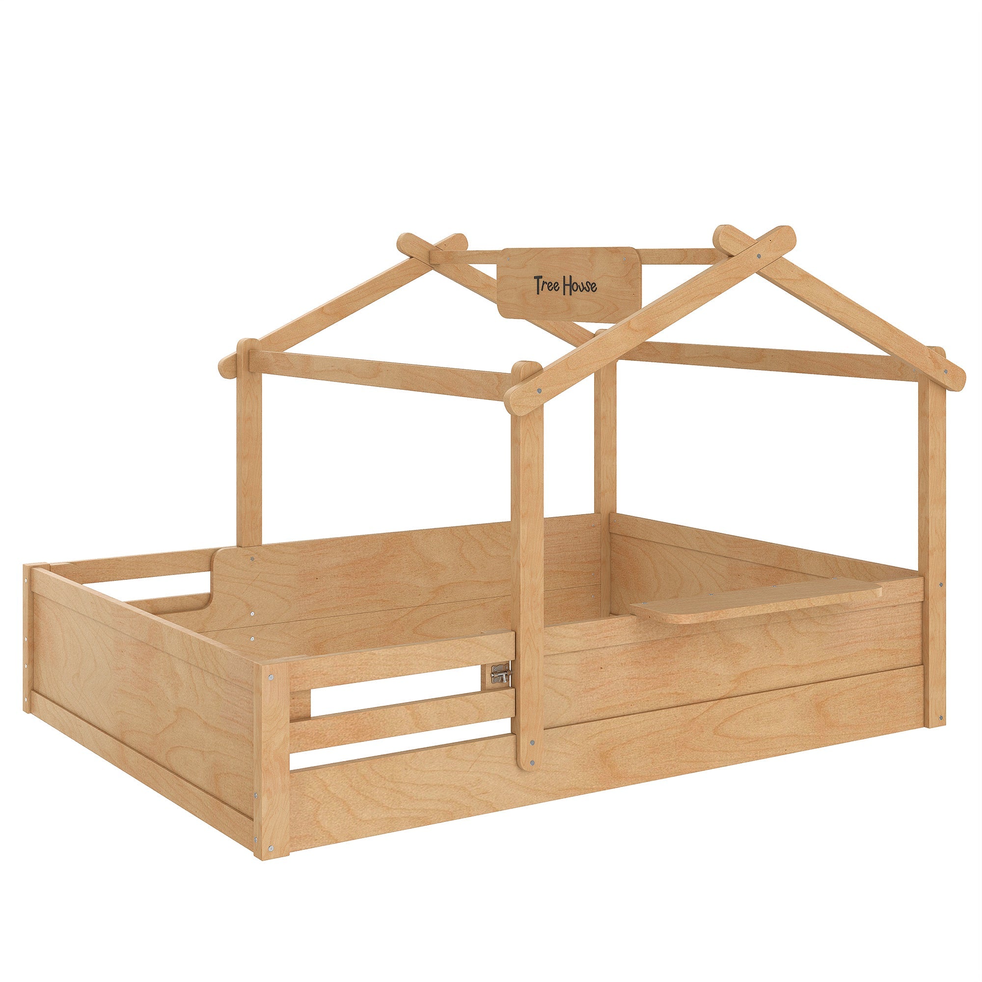 Full Size Floor Bed with Guardrails and Roof, Kids House Floor Bed with a Small Built-in Tray and Free-installed Signboard, Childlike Design, Natural