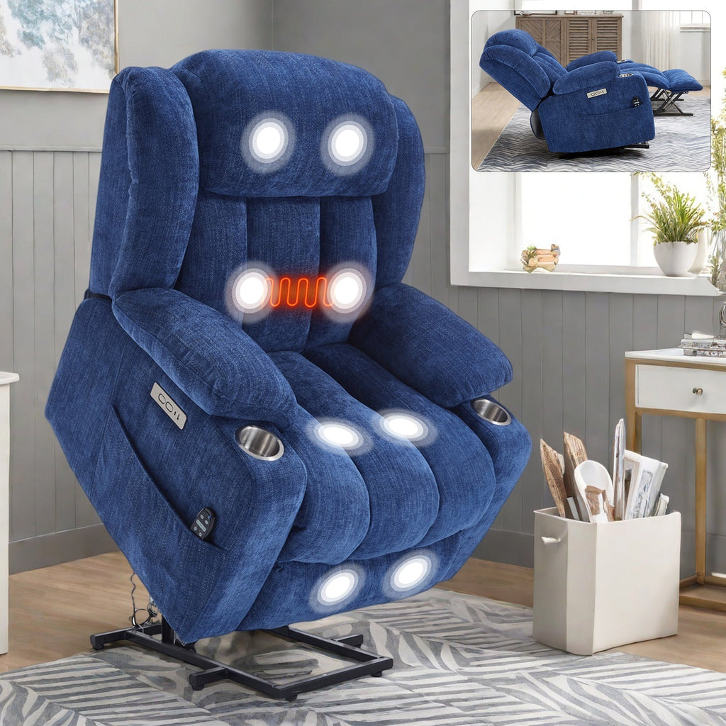 Up to 350 LBS Chenille Power Lift Recliner Chair, Heavy Duty Motion Mechanism with 8-Point Vibration Massage and Lumbar Heating, USB and Type-C Ports, Stainless Steel Cup Holders, Blue