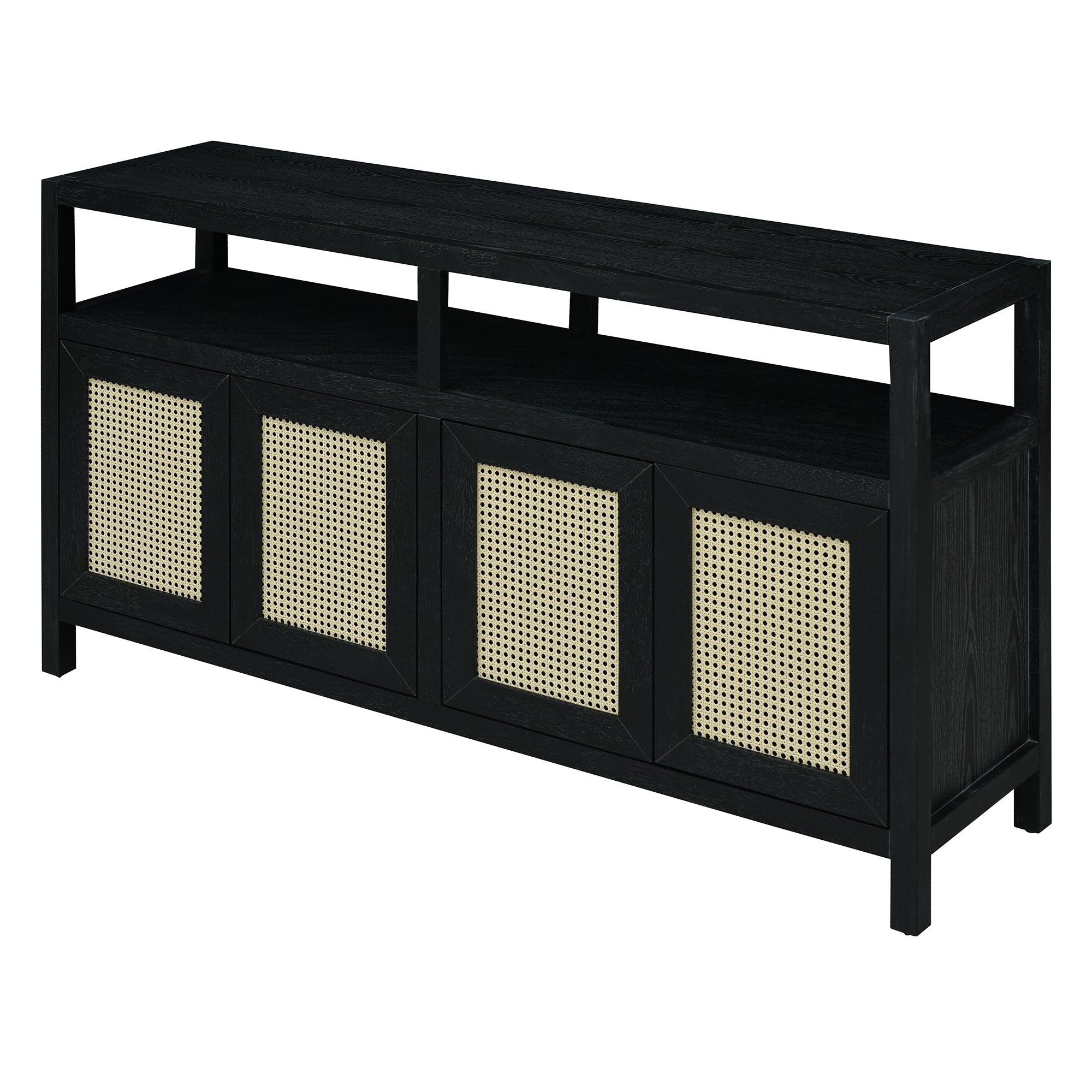 TREXM Bohemian Style Rattan Buffet Storage Cabinet with Solid Wood Frame, Sideboard with 3-position Adjustable Shelves for Living & Dining Rooms, No-Handle Push-to-Open Design (Black)