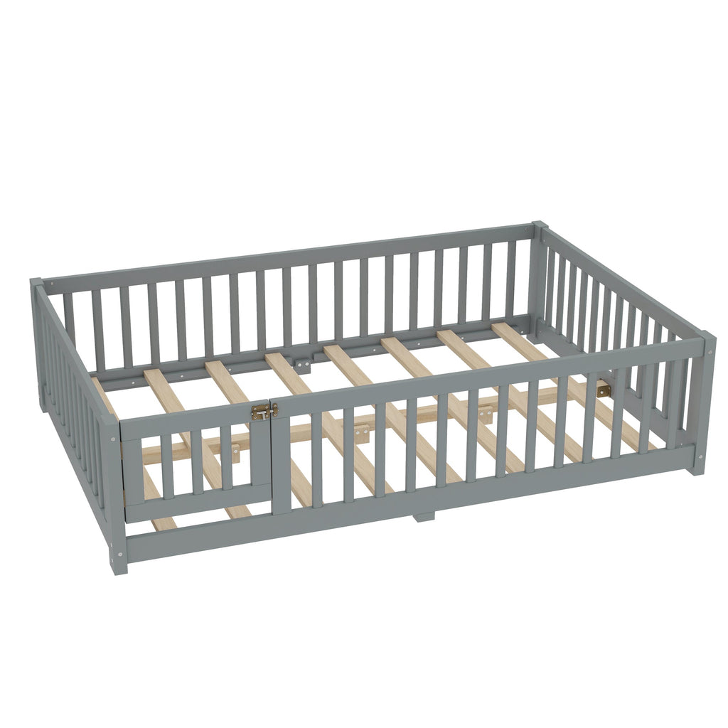Full Size Bed Floor Bed with Safety Guardrails and Door for Kids, Gray(Old SKU: W1580P154626)