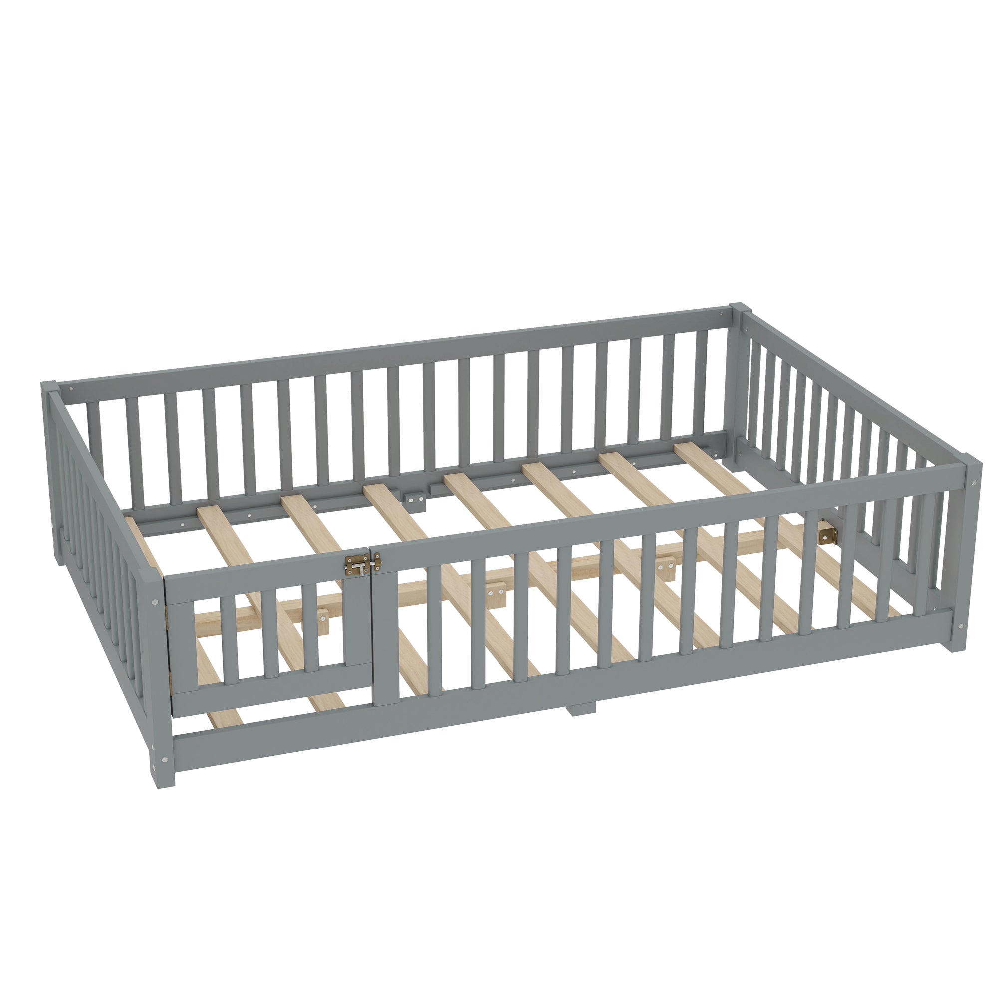 Full Size Bed Floor Bed with Safety Guardrails and Door for Kids, Gray(Old SKU: W1580P154626)