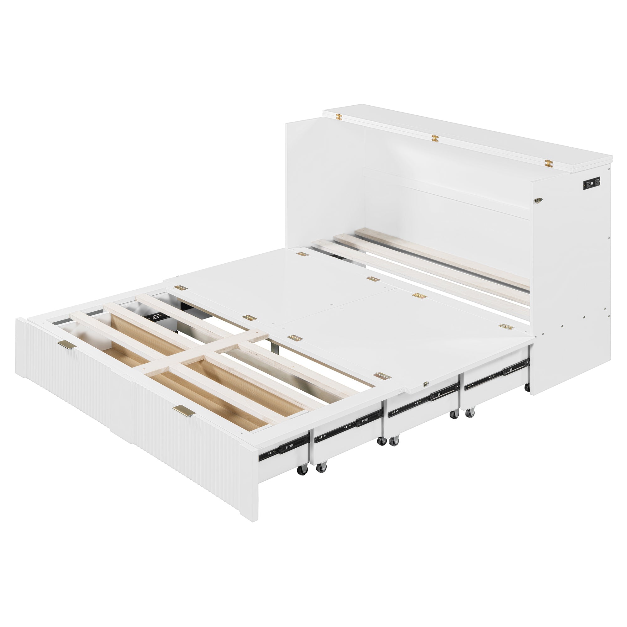 Queen Size Murphy  Bed with drawer and a set of Sockets & USB Ports, Pulley Structure Design, White