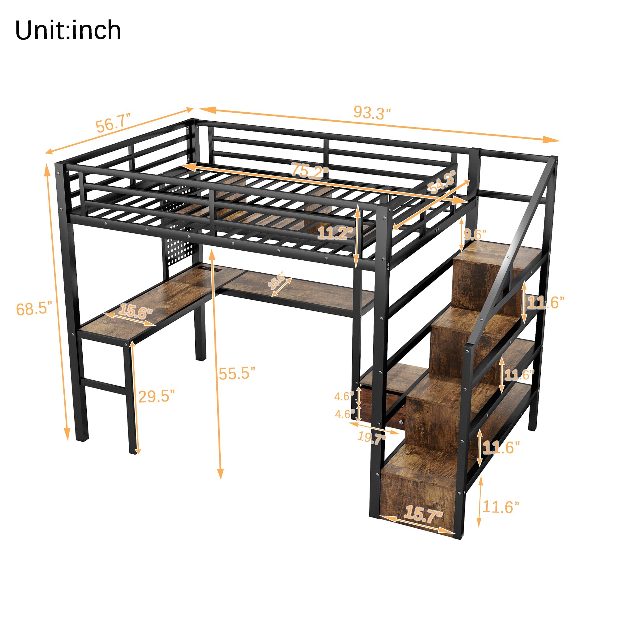 Full Size Loft Bed with LED Light & Charge Station, Metal Loft Bed with Desk and Staircase, Loft bed with Wardrobe for Kids, Black (Expect Arrival Date 2025/4/30)
