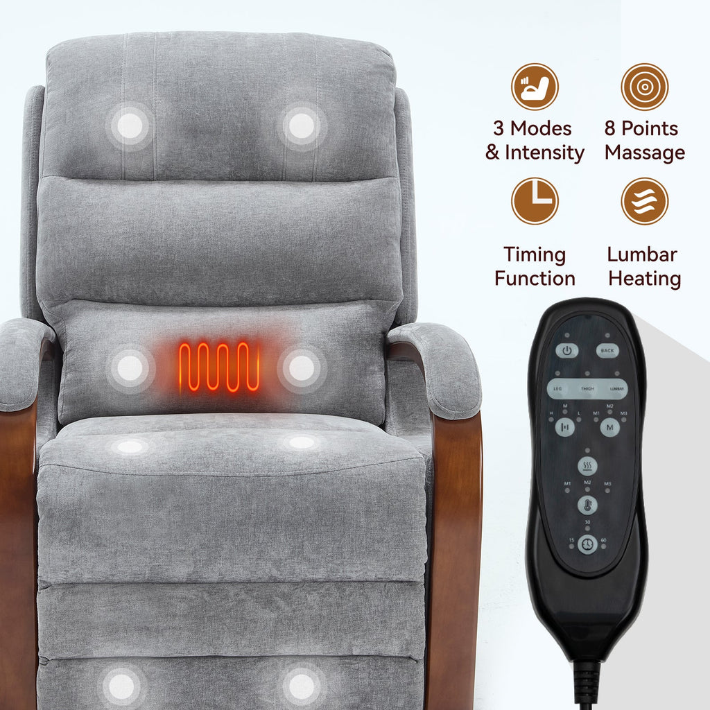 Power Grey Chenille Lift Recliner Chair Dual Motor Infinite Position Up to 350 LBS with Solid Wood Armrests, Heat Massage and Heavy Duty Motion Mechanism