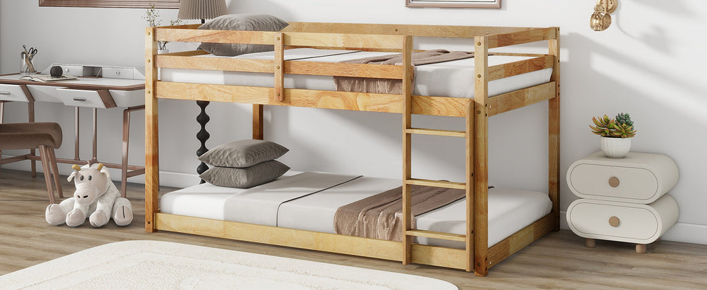 Solid Wooden, Solid Rubber Wooden Twin over Twin Floor Bunk Bed with Ladder, with Bed Platform of Strengthened Slats  , Natural