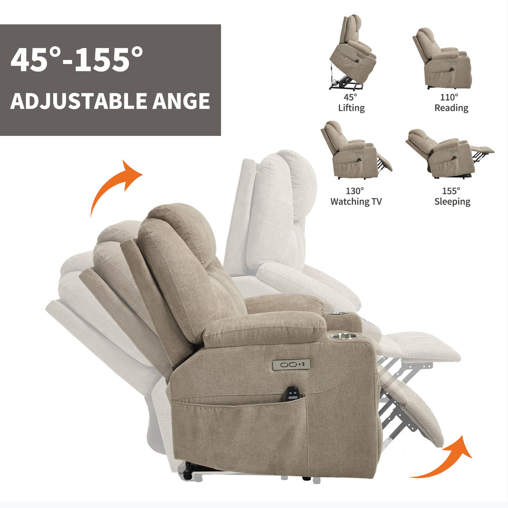 Up to 350 LBS polyester Power Lift Recliner Chair, Heavy Duty Motion Mechanism with 8-Point Vibration Massage and Lumbar Heating, USB and Type-C Ports, Stainless Steel Cup Holders, Khaki