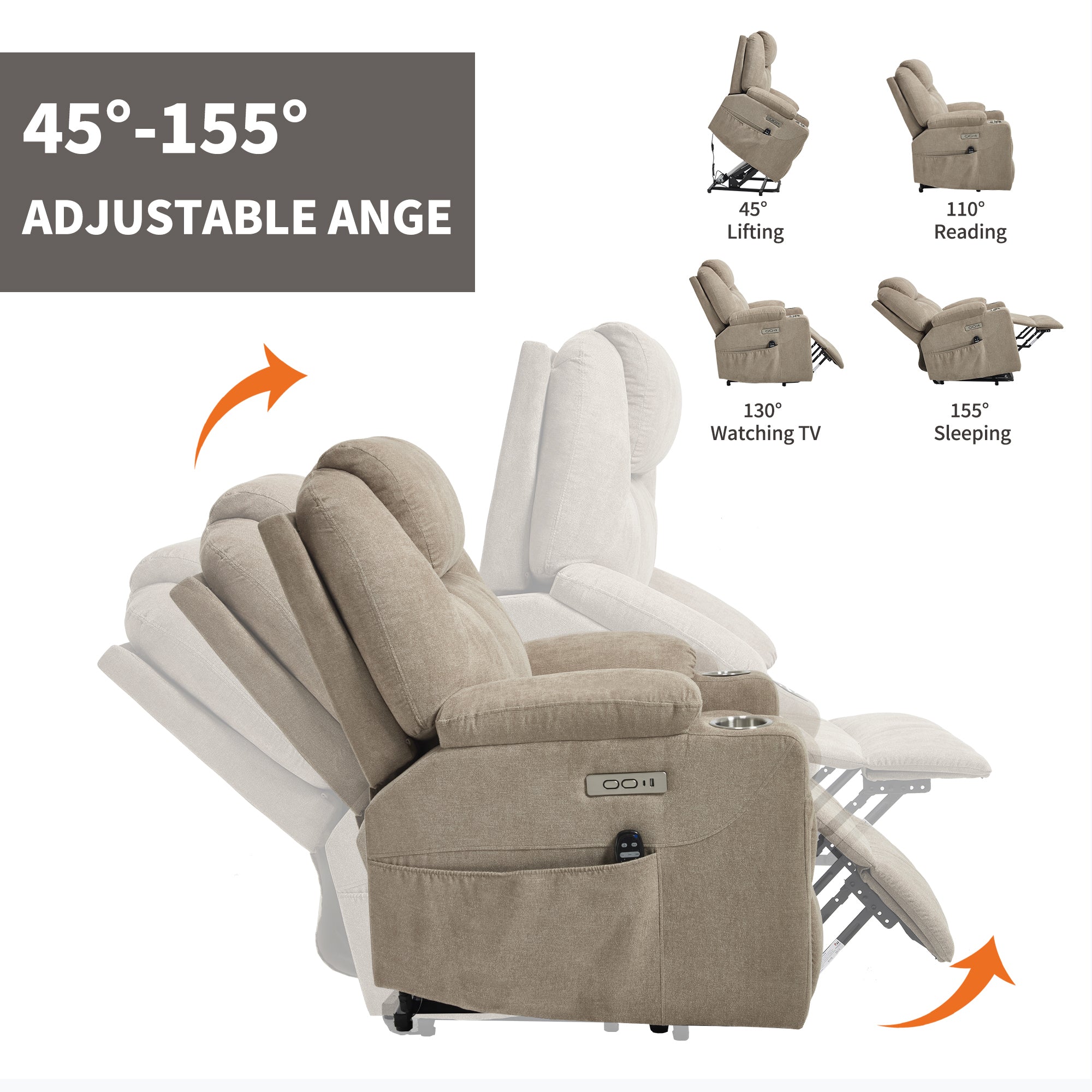 Up to 350 LBS polyester Power Lift Recliner Chair, Heavy Duty Motion Mechanism with 8-Point Vibration Massage and Lumbar Heating, USB and Type-C Ports, Stainless Steel Cup Holders, Khaki