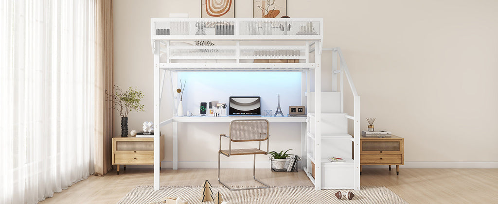 Full Loft Bed with Desk and Charging Station, Full Size Metal Loft Bed with Stairs and Light for Kids Teens,White OLD  SKU W2580S00046